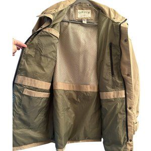 Orvis Men's Size M Jacket w/Hood, Tan, Army Green Inside, Oversized Pockets